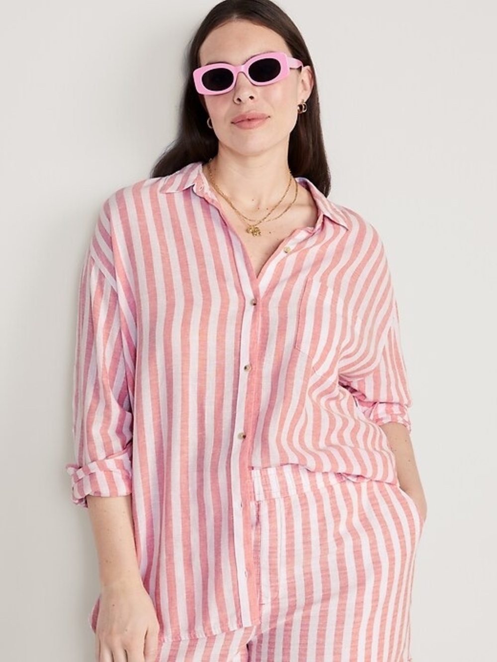 Old Navy Coral and White Striped Linen Set - Top and Shorts - NWOT - Size XL